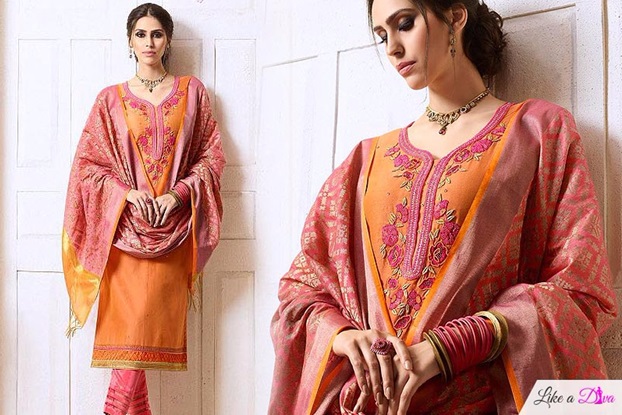 Orange Pink Chanderi Floral Embroidered Salwar Kameez